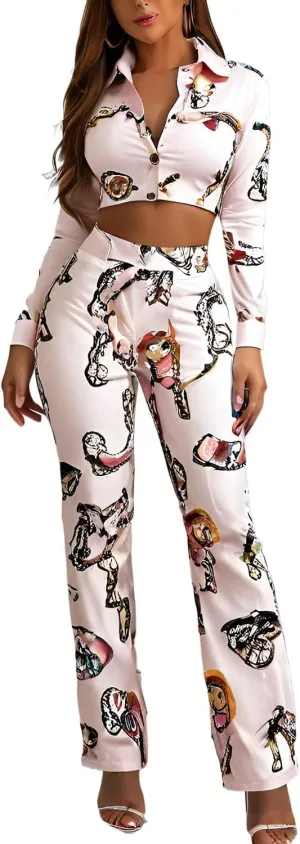 Glozeplus 2 Piece Outfits for Women Sexy Bodycon Long Sleeve Crop Tops Long Pants Sets Floral Print Tracksuits Jumpsuits