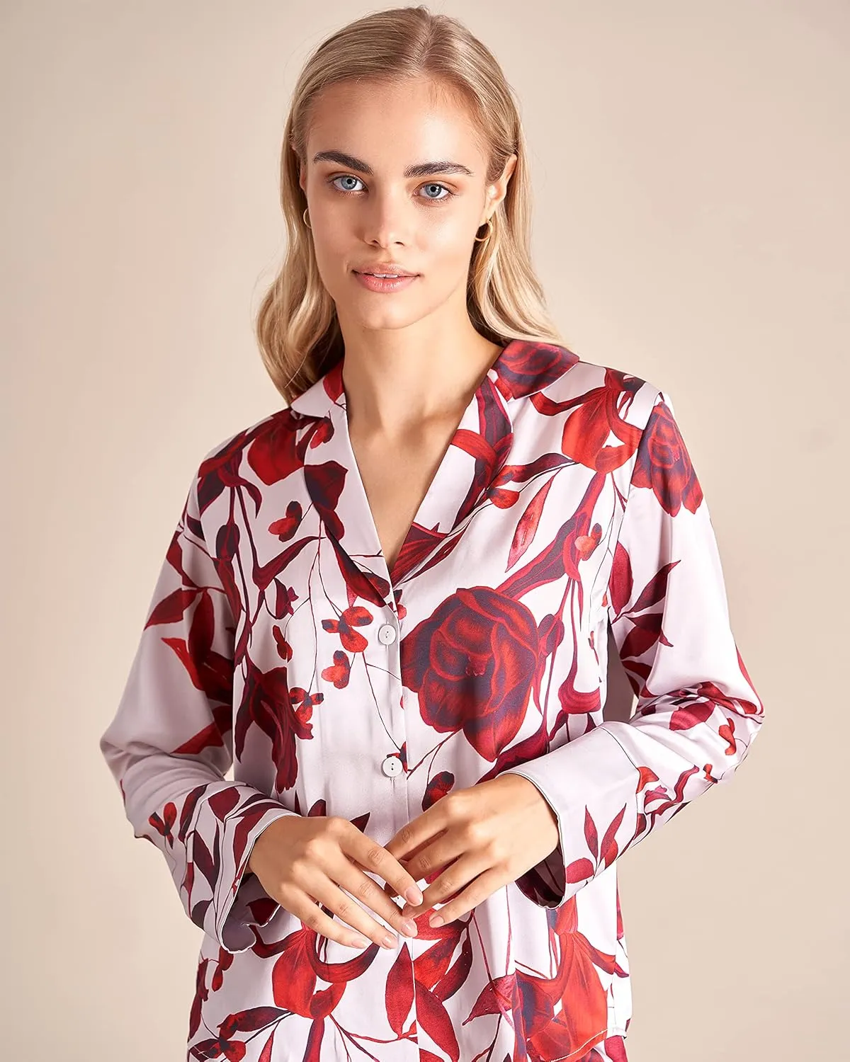 GOLDEN HOUR Womens Silk Satin Pajamas Set 2 Pcs Floral Silky Pj Sets Long Sleeve Button Loungewear and Eye Mask
