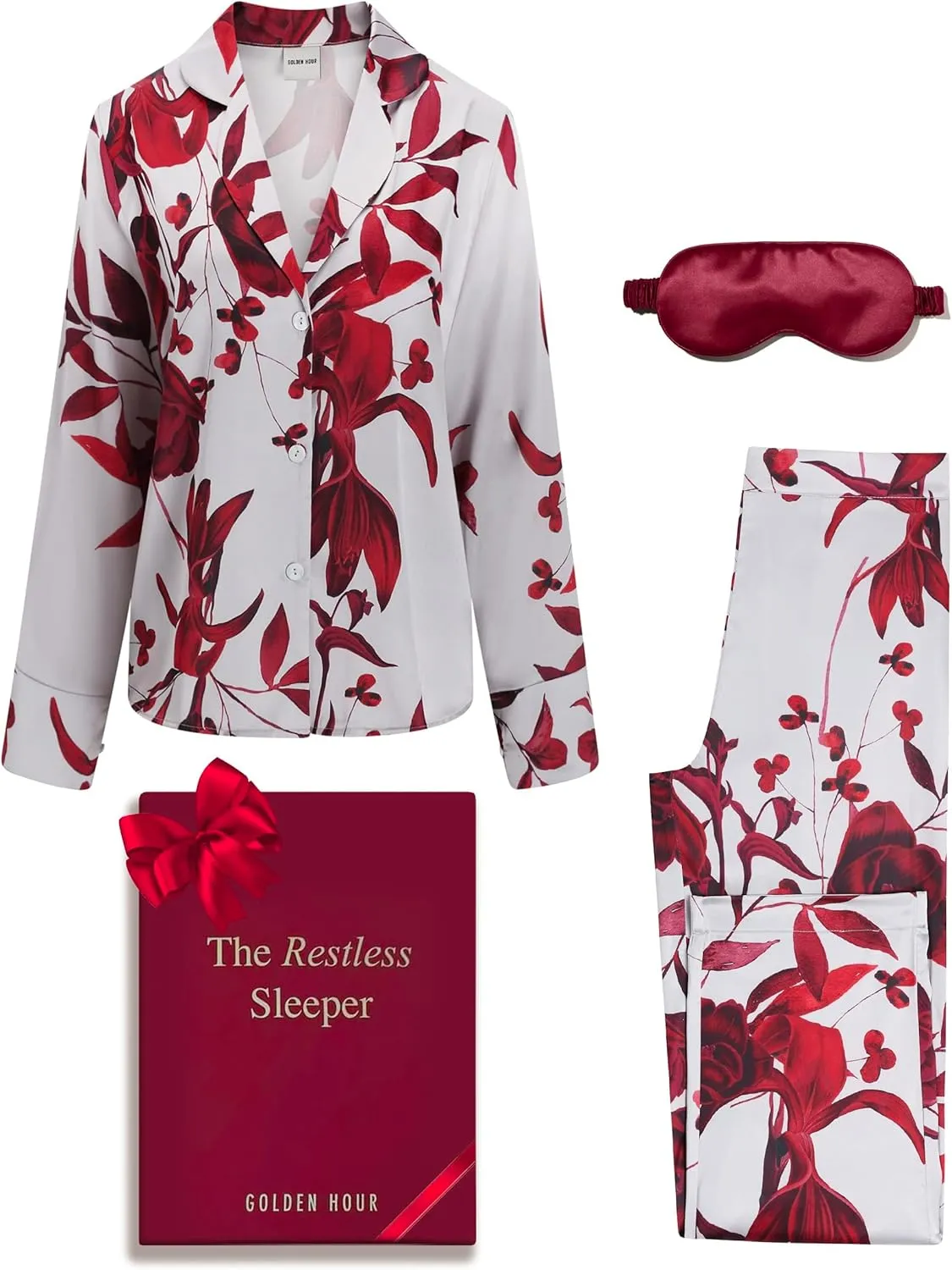 GOLDEN HOUR Womens Silk Satin Pajamas Set 2 Pcs Floral Silky Pj Sets Long Sleeve Button Loungewear and Eye Mask