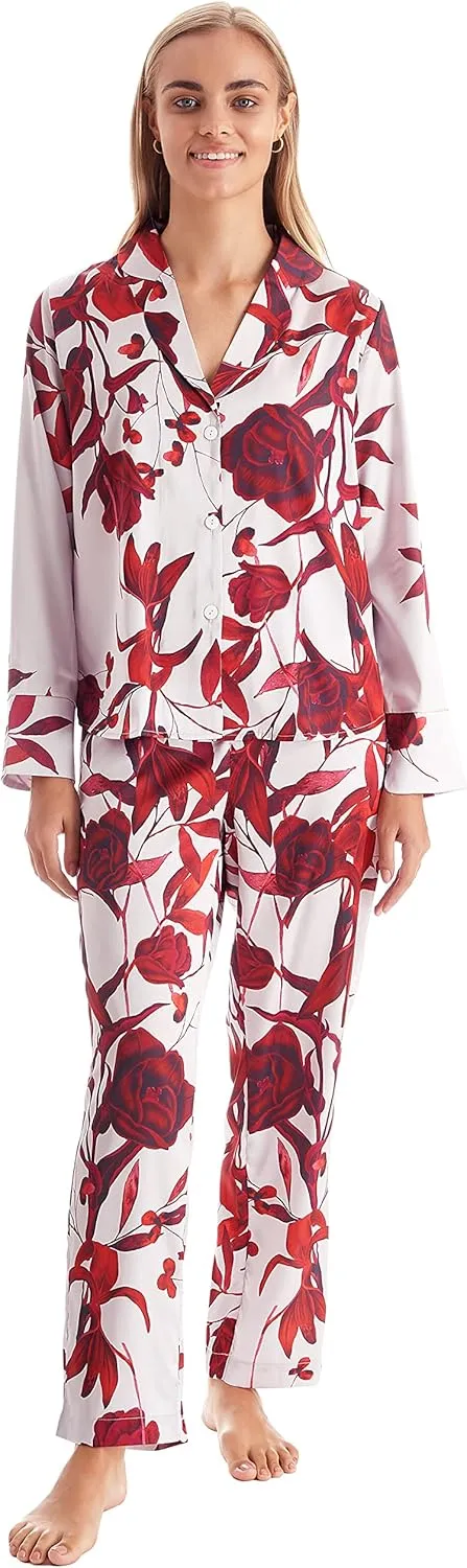GOLDEN HOUR Womens Silk Satin Pajamas Set 2 Pcs Floral Silky Pj Sets Long Sleeve Button Loungewear and Eye Mask