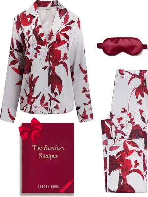 GOLDEN HOUR Womens Silk Satin Pajamas Set 2 Pcs Floral Silky Pj Sets Long Sleeve Button Loungewear and Eye Mask