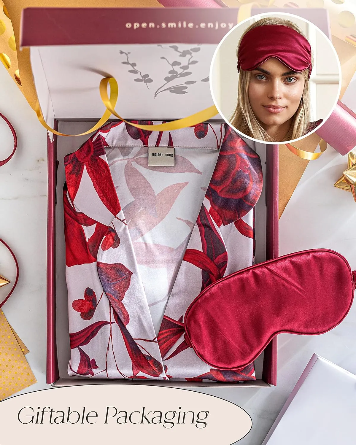 GOLDEN HOUR Womens Silk Satin Pajamas Set 2 Pcs Floral Silky Pj Sets Long Sleeve Button Loungewear and Eye Mask