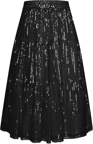 GRACE KARIN Girls Sequin Skirt Sparkly Glitter Long Party Tiered Midi Skirts Size 5-14
