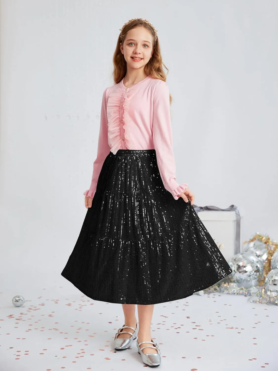 GRACE KARIN Girls Sequin Skirt Sparkly Glitter Long Party Tiered Midi Skirts Size 5-14