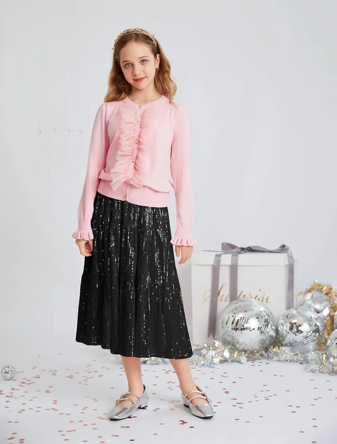 GRACE KARIN Girls Sequin Skirt Sparkly Glitter Long Party Tiered Midi Skirts Size 5-14