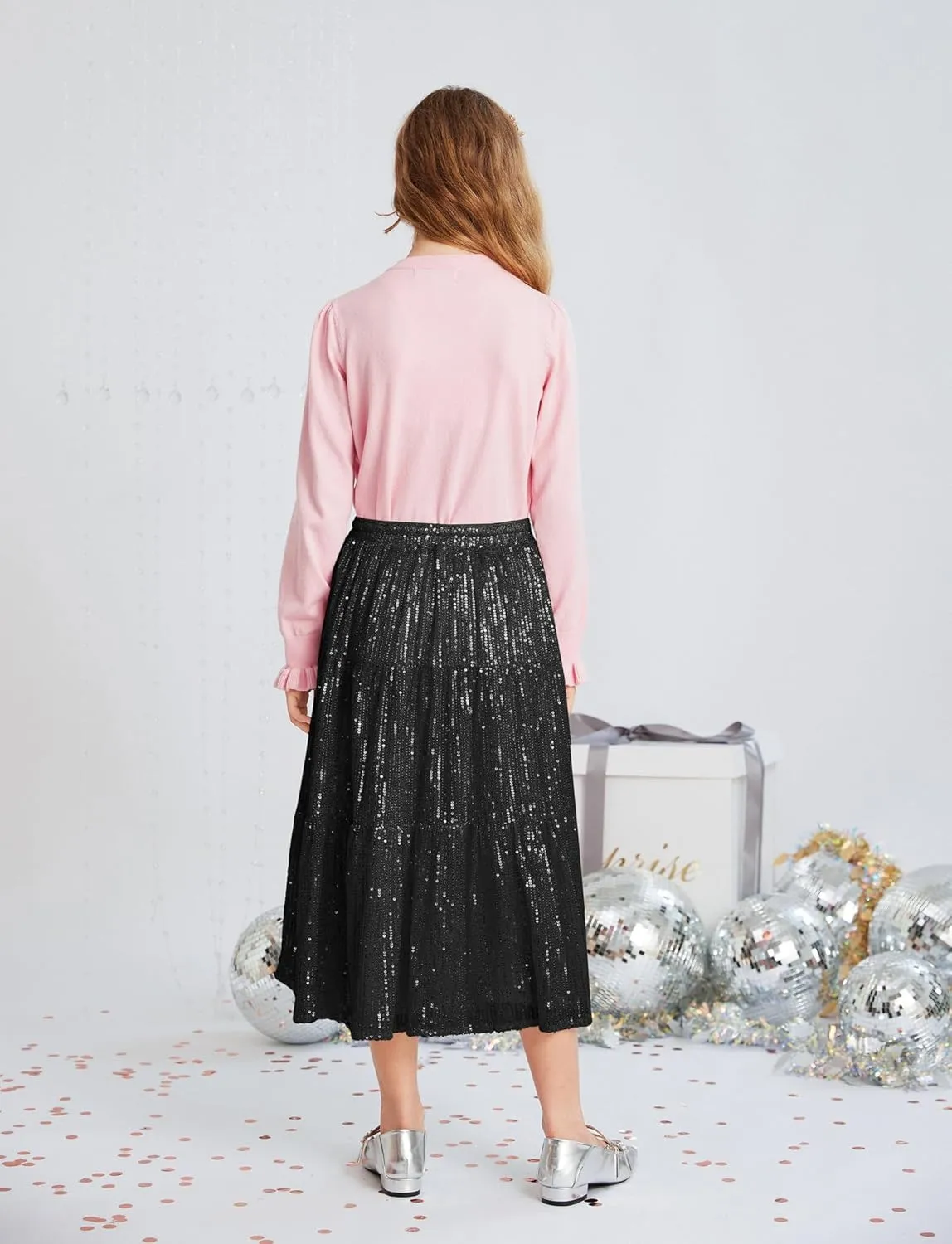 GRACE KARIN Girls Sequin Skirt Sparkly Glitter Long Party Tiered Midi Skirts Size 5-14