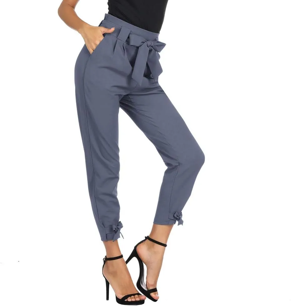 GRACE KARIN Women's Casual Pants Solid High Waist Self Tie Belted Pencil Trouser