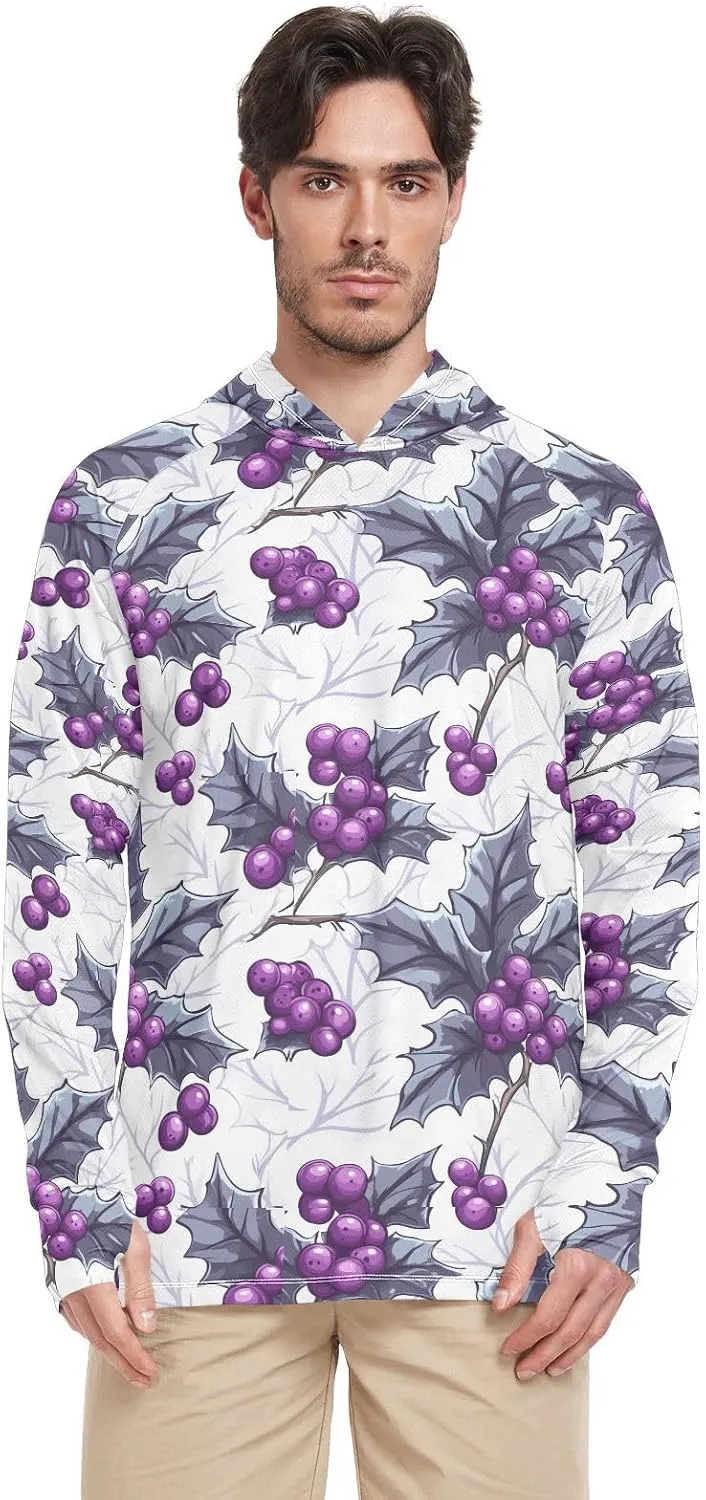 Grapes Purple White Men's Sun Protection Hoodie Long Sleeve UPF 50   Sun Shirt With Hood Quick Dry Rash Guard With Hood Cooling Hoodies enguatada de hombre para la playa
