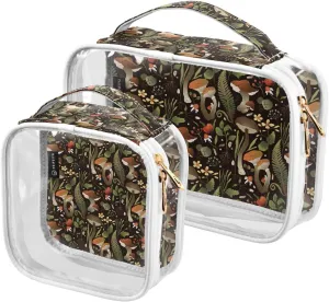 Gray Mushroom Pattern 2 Pack Clear Toiletry Bag Women Men, Portable Waterproof Clear Pouch, Cosmetic Bag with Double Zippers Large Opening Traveling with Handle for Bathroom Traveling Vacation Organiz