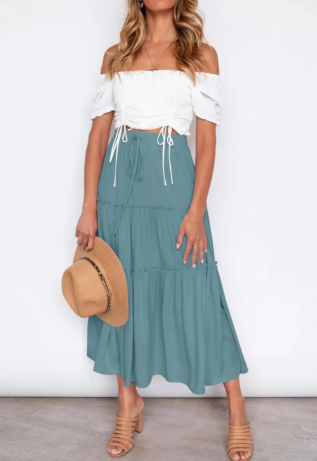 HAEOF Womens Summer Flowy Boho Midi Maxi Skirt Elastic High Waist A Line Pleated Tiered Trendy Beach Long Skirts with Pockets