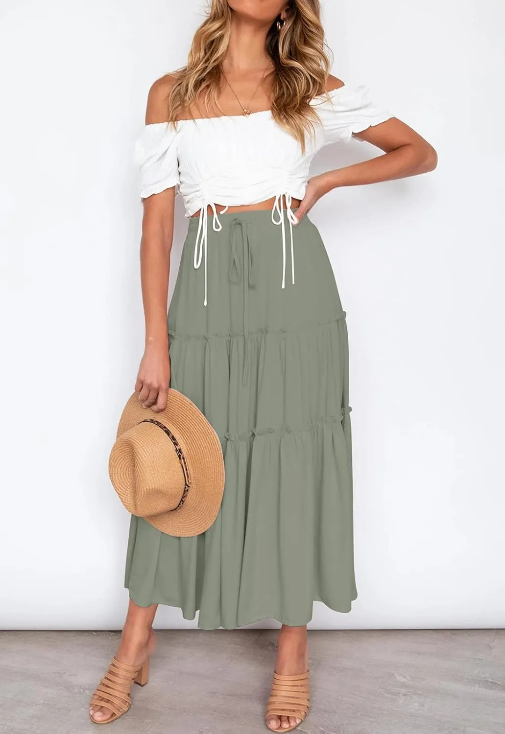 HAEOF Womens Summer Flowy Boho Midi Maxi Skirt Elastic High Waist A Line Pleated Tiered Trendy Beach Long Skirts with Pockets