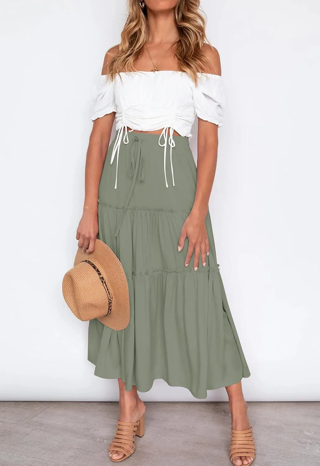 HAEOF Womens Summer Flowy Boho Midi Maxi Skirt Elastic High Waist A Line Pleated Tiered Trendy Beach Long Skirts with Pockets