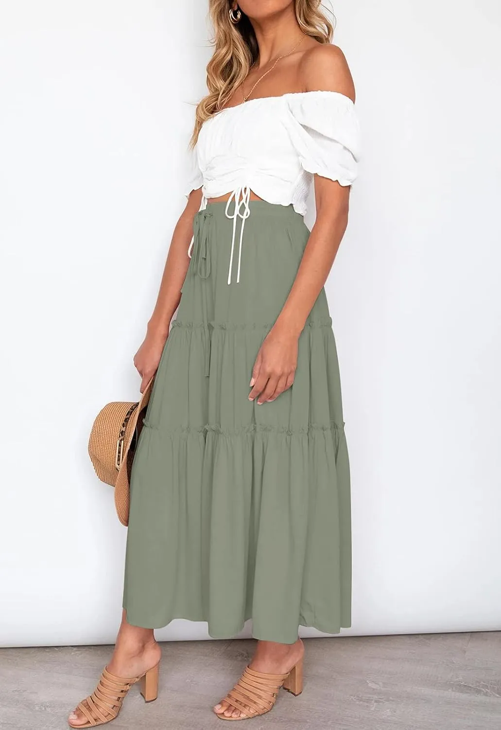 HAEOF Womens Summer Flowy Boho Midi Maxi Skirt Elastic High Waist A Line Pleated Tiered Trendy Beach Long Skirts with Pockets