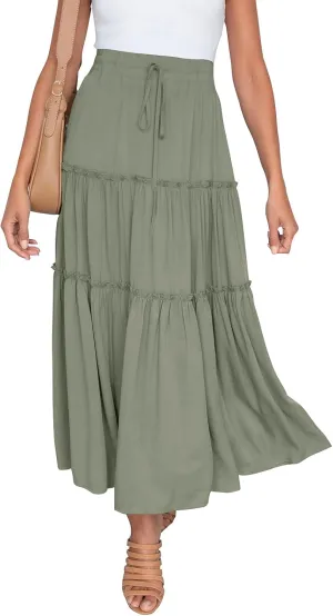 HAEOF Womens Summer Flowy Boho Midi Maxi Skirt Elastic High Waist A Line Pleated Tiered Trendy Beach Long Skirts with Pockets