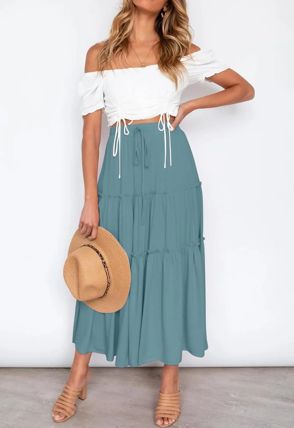 HAEOF Womens Summer Flowy Boho Midi Maxi Skirt Elastic High Waist A Line Pleated Tiered Trendy Beach Long Skirts with Pockets