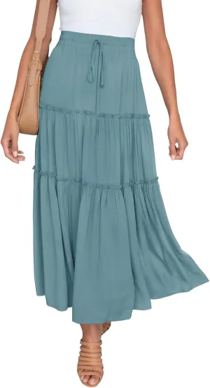 HAEOF Womens Summer Flowy Boho Midi Maxi Skirt Elastic High Waist A Line Pleated Tiered Trendy Beach Long Skirts with Pockets