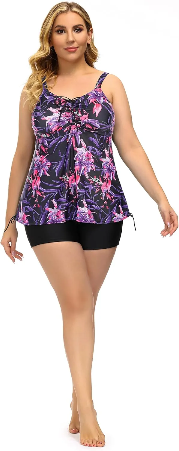 Hanna Nikole Plus Size Tankini Swimsuits for Women Two Piece Swim Top Shorts Tummy Control Bathing Suits