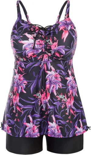 Hanna Nikole Plus Size Tankini Swimsuits for Women Two Piece Swim Top Shorts Tummy Control Bathing Suits