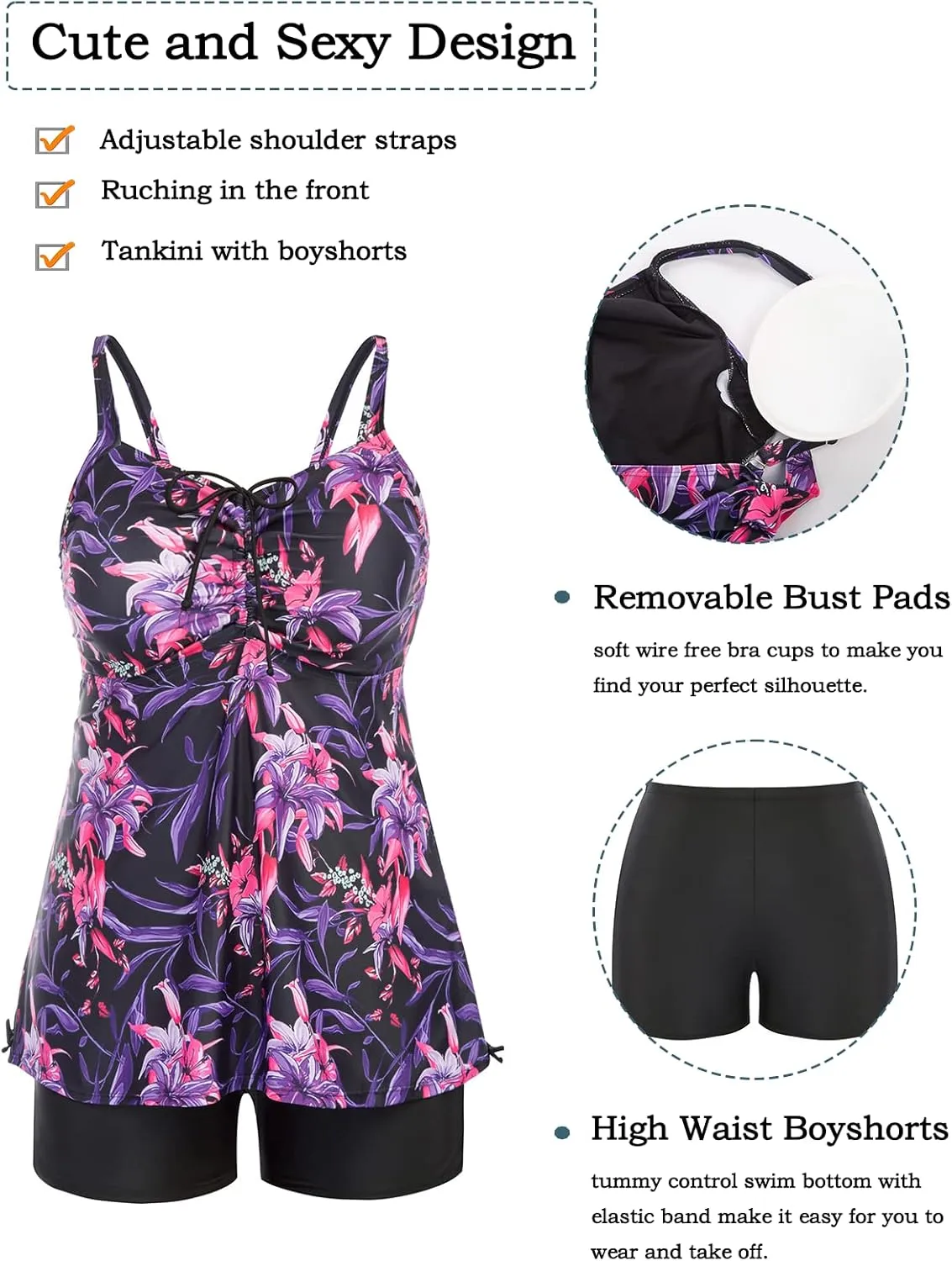 Hanna Nikole Plus Size Tankini Swimsuits for Women Two Piece Swim Top Shorts Tummy Control Bathing Suits