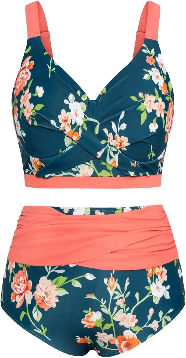 Hanna Nikole Womens Plus Size Bikini Set Two Piece High Waisted Swimsuits Tummy Control Bathing Suit Twist Front Swimwear