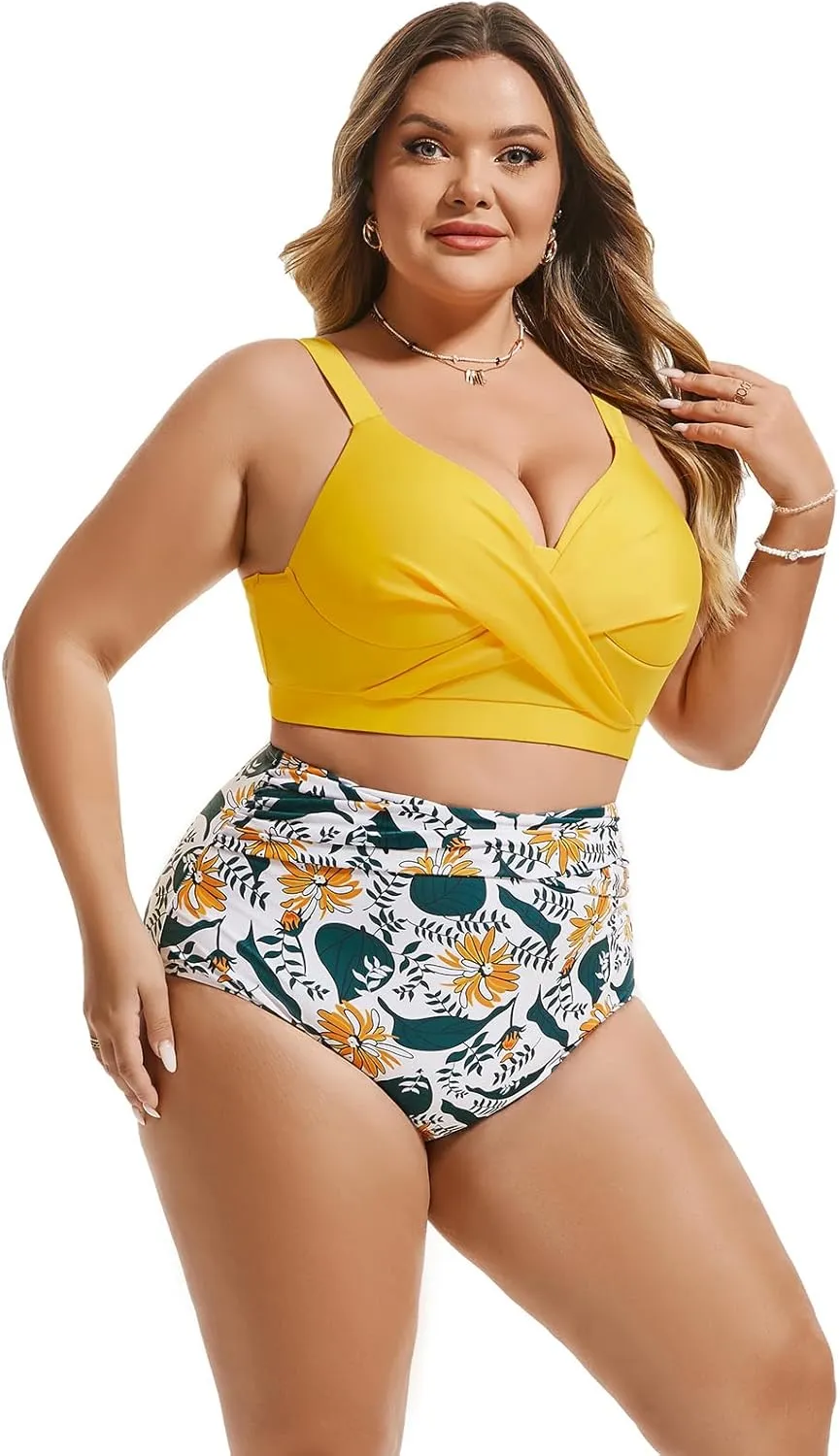 Hanna Nikole Womens Plus Size Bikini Set Two Piece High Waisted Swimsuits Tummy Control Bathing Suit Twist Front Swimwear