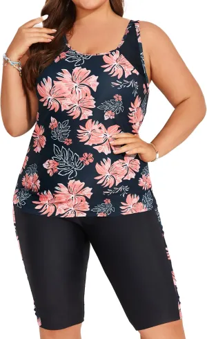 Hanna Nikole Women's Plus Size Tummy Control Tankini Swimsuits Color Block Bathing Suits with Shorts Knee Length