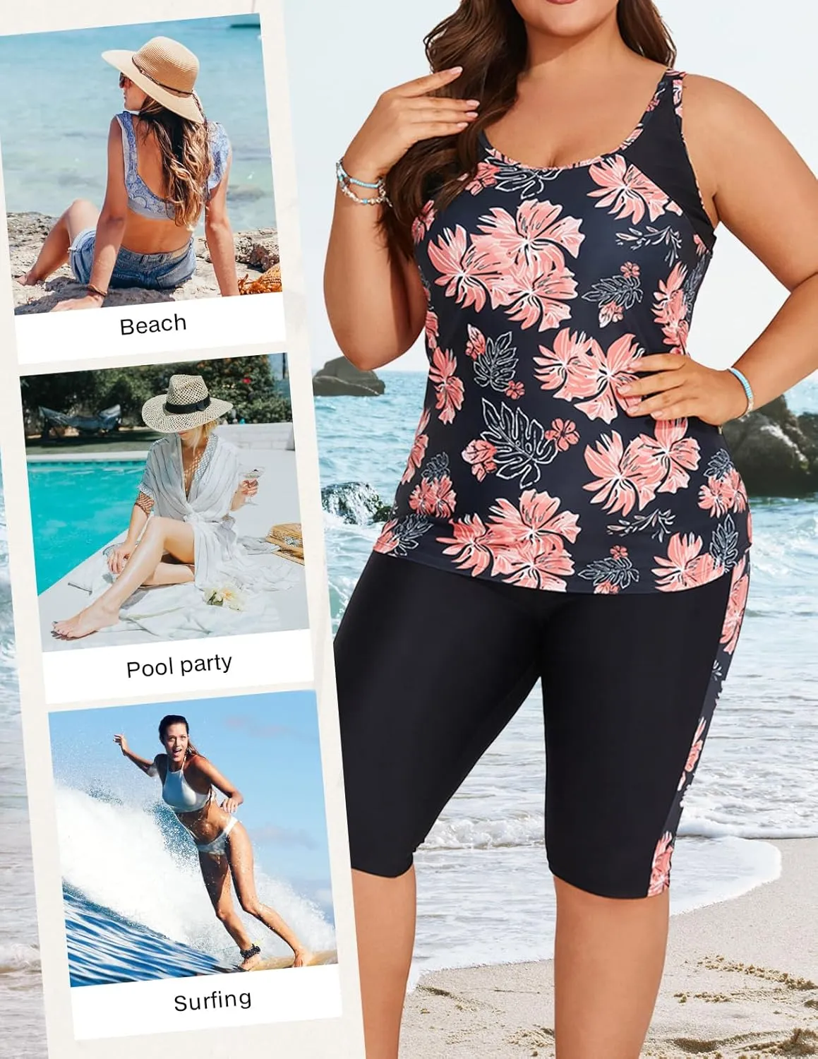 Hanna Nikole Women's Plus Size Tummy Control Tankini Swimsuits Color Block Bathing Suits with Shorts Knee Length