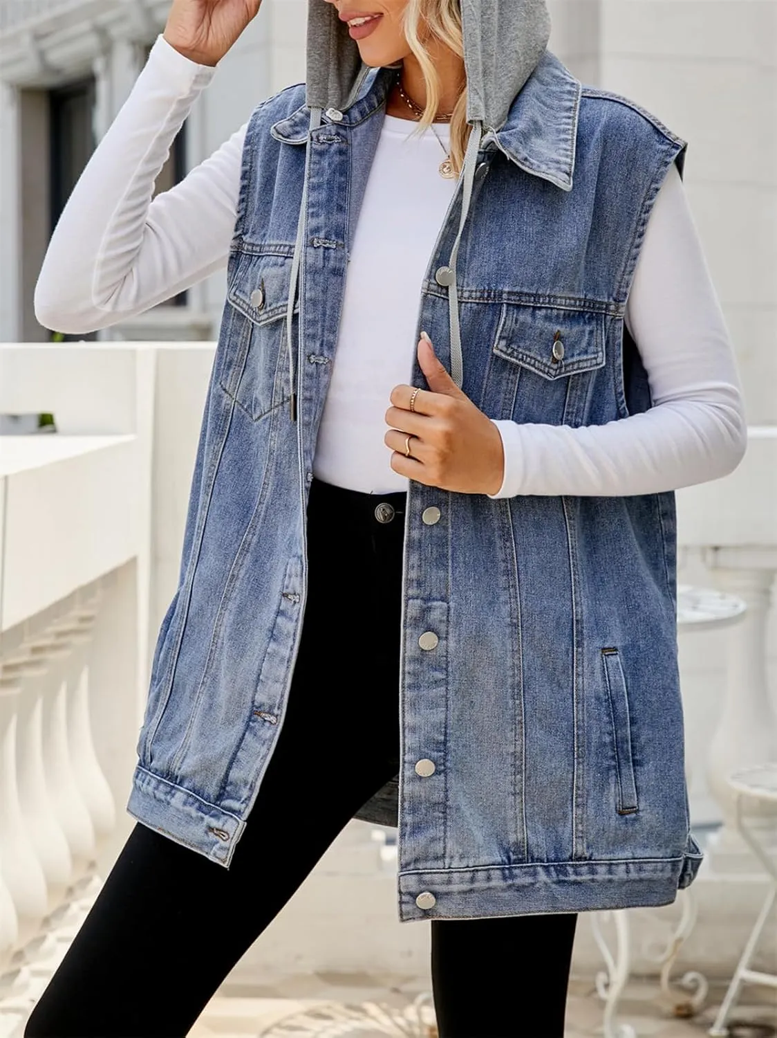 hathne Women's Oversized Denim Vest Sleeveless Jean Jacket Vest with Hood Button Down Long Waistcoat with Pockets Streetwear