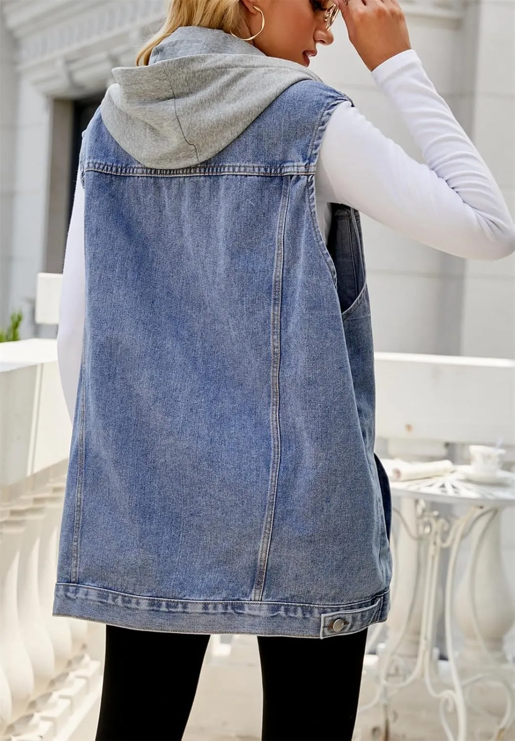 hathne Women's Oversized Denim Vest Sleeveless Jean Jacket Vest with Hood Button Down Long Waistcoat with Pockets Streetwear
