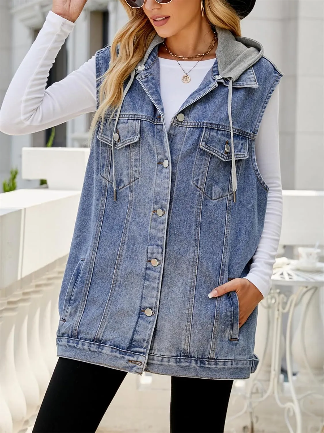 hathne Women's Oversized Denim Vest Sleeveless Jean Jacket Vest with Hood Button Down Long Waistcoat with Pockets Streetwear