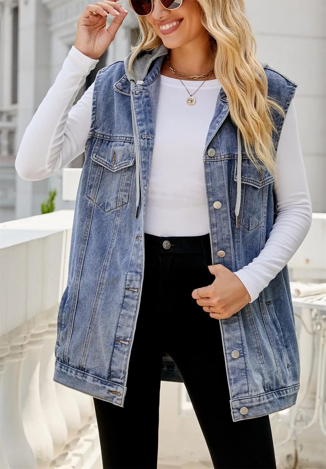 hathne Women's Oversized Denim Vest Sleeveless Jean Jacket Vest with Hood Button Down Long Waistcoat with Pockets Streetwear