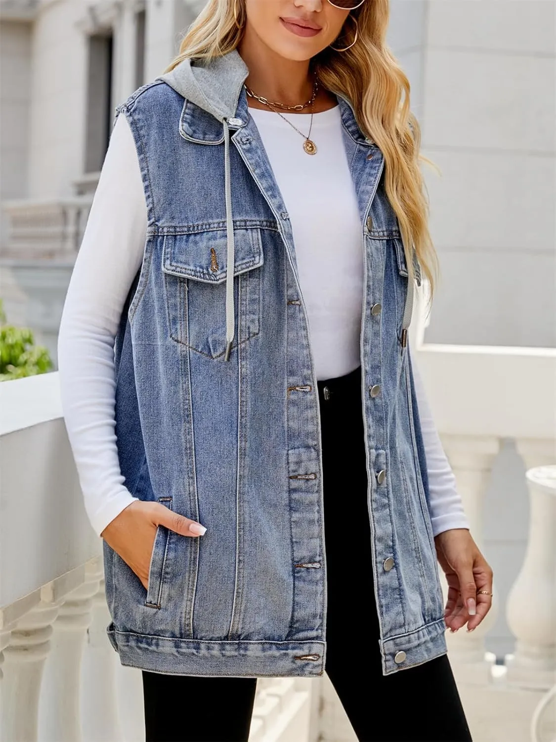 hathne Women's Oversized Denim Vest Sleeveless Jean Jacket Vest with Hood Button Down Long Waistcoat with Pockets Streetwear