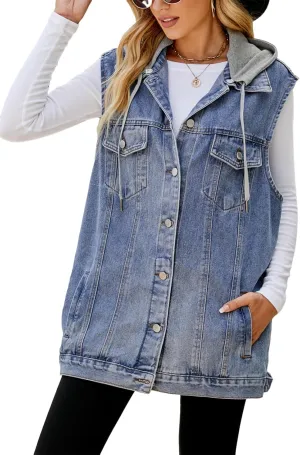 hathne Women's Oversized Denim Vest Sleeveless Jean Jacket Vest with Hood Button Down Long Waistcoat with Pockets Streetwear