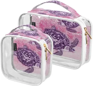 Hawksbill-sea-turtle 2 Pack Clear Toiletry Bag Women Men, Portable Waterproof Clear Pouch, Cosmetic Bag with Double Zippers Large Opening Traveling with Handle for Bathroom Traveling Vacation Organizi