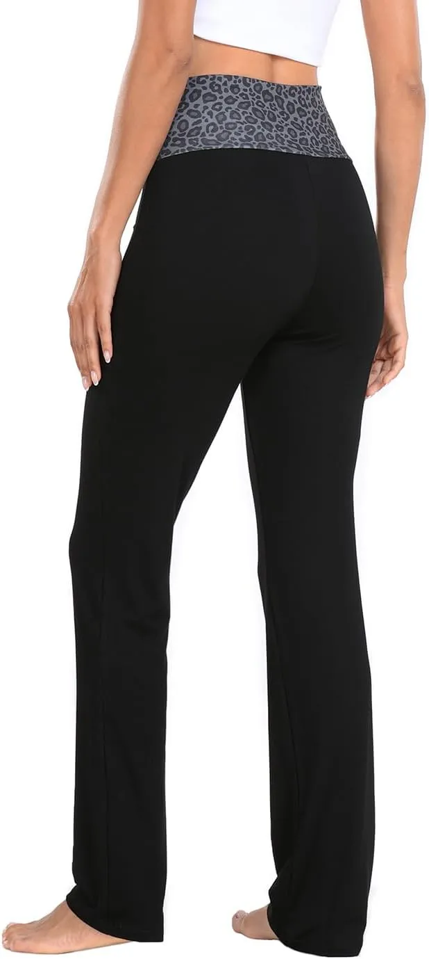 HDE Women's Color Block Fold Over Waist Yoga Pants Flare Leg Workout Leggings