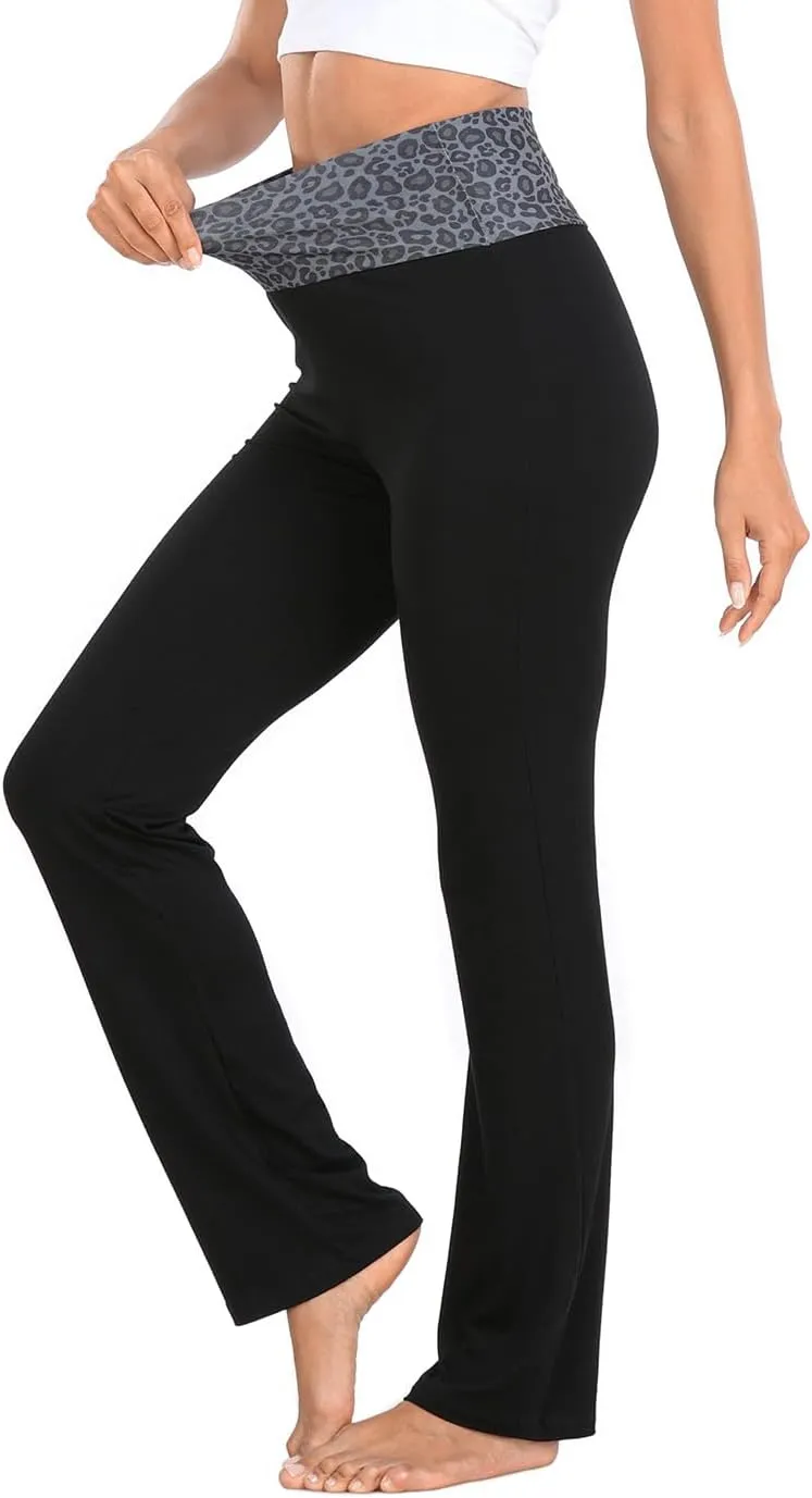 HDE Women's Color Block Fold Over Waist Yoga Pants Flare Leg Workout Leggings