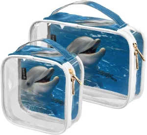 Head-tursiops-truncatus-dolphin 2 Pack Clear Toiletry Bag Women Men, Portable Waterproof Clear Pouch, Cosmetic Bag with Double Zippers Large Opening Traveling with Handle for Bathroom Traveling Vacati