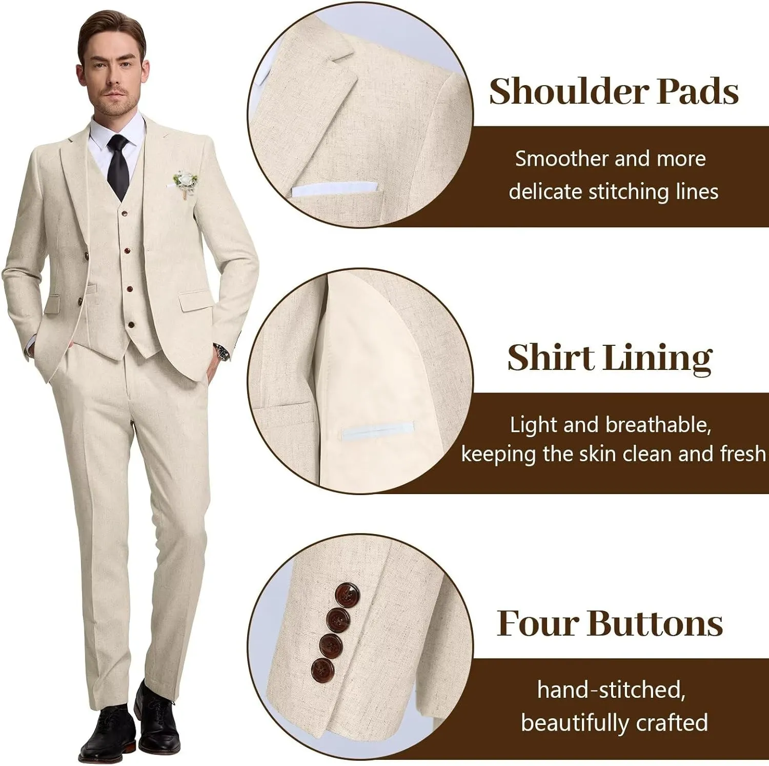 High-End Suits Retro Linen Suit for Men Casual Wedding Suit for Men Slim Fit 3 Pieces Jacket Blazer Vest Pant Groom Tuxedo