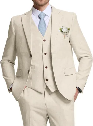 High-End Suits Retro Linen Suit for Men Casual Wedding Suit for Men Slim Fit 3 Pieces Jacket Blazer Vest Pant Groom Tuxedo