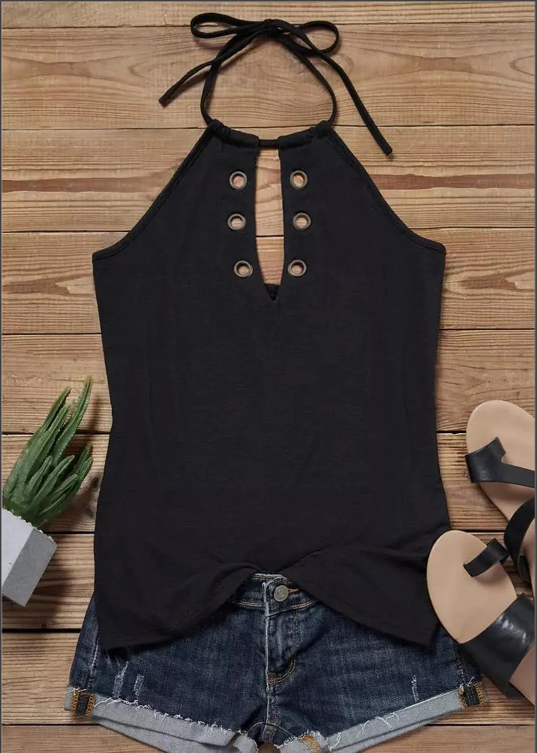 Hollow Out Eyelet Halter Camisole for Women Summer Sleeveless Casual Tank Top Sexy V Neck Vacation Vest Camis