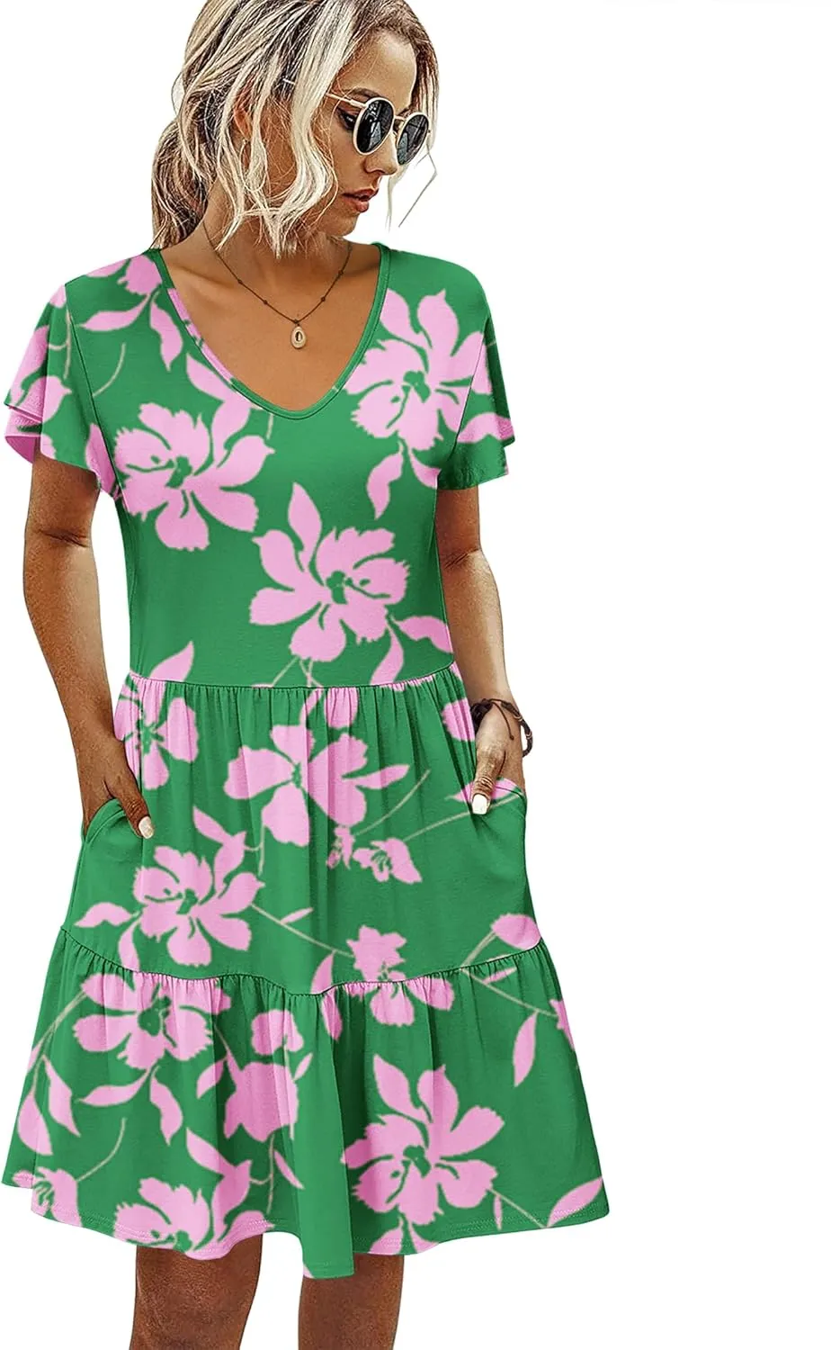 HOTOUCH Women's Casual Tiered Dress with Pockets V Neck Ruffle Dress Cap Sleeve Swing Mini Dress A-Line Dresses