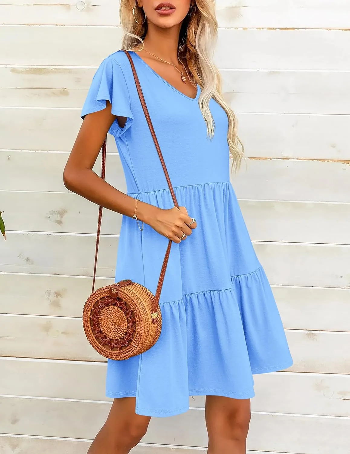 HOTOUCH Women's Casual Tiered Dress with Pockets V Neck Ruffle Dress Cap Sleeve Swing Mini Dress A-Line Dresses