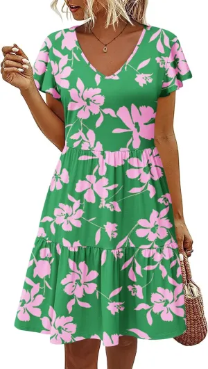 HOTOUCH Women's Casual Tiered Dress with Pockets V Neck Ruffle Dress Cap Sleeve Swing Mini Dress A-Line Dresses