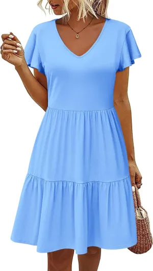 HOTOUCH Women's Casual Tiered Dress with Pockets V Neck Ruffle Dress Cap Sleeve Swing Mini Dress A-Line Dresses