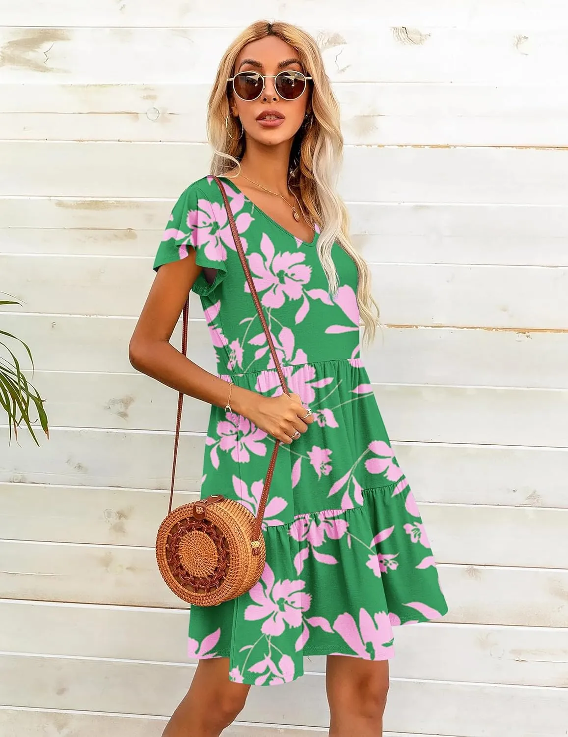 HOTOUCH Women's Casual Tiered Dress with Pockets V Neck Ruffle Dress Cap Sleeve Swing Mini Dress A-Line Dresses