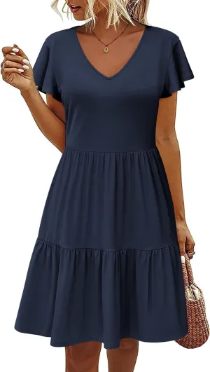 HOTOUCH Women's Casual Tiered Dress with Pockets V Neck Ruffle Dress Cap Sleeve Swing Mini Dress A-Line Dresses