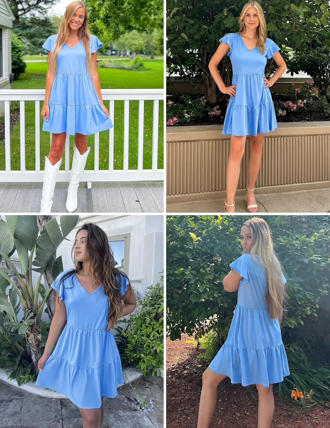 HOTOUCH Women's Casual Tiered Dress with Pockets V Neck Ruffle Dress Cap Sleeve Swing Mini Dress A-Line Dresses
