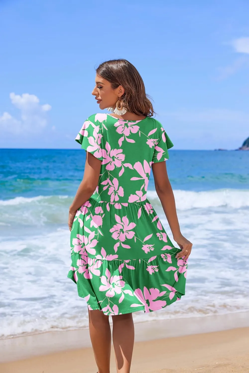 HOTOUCH Women's Casual Tiered Dress with Pockets V Neck Ruffle Dress Cap Sleeve Swing Mini Dress A-Line Dresses