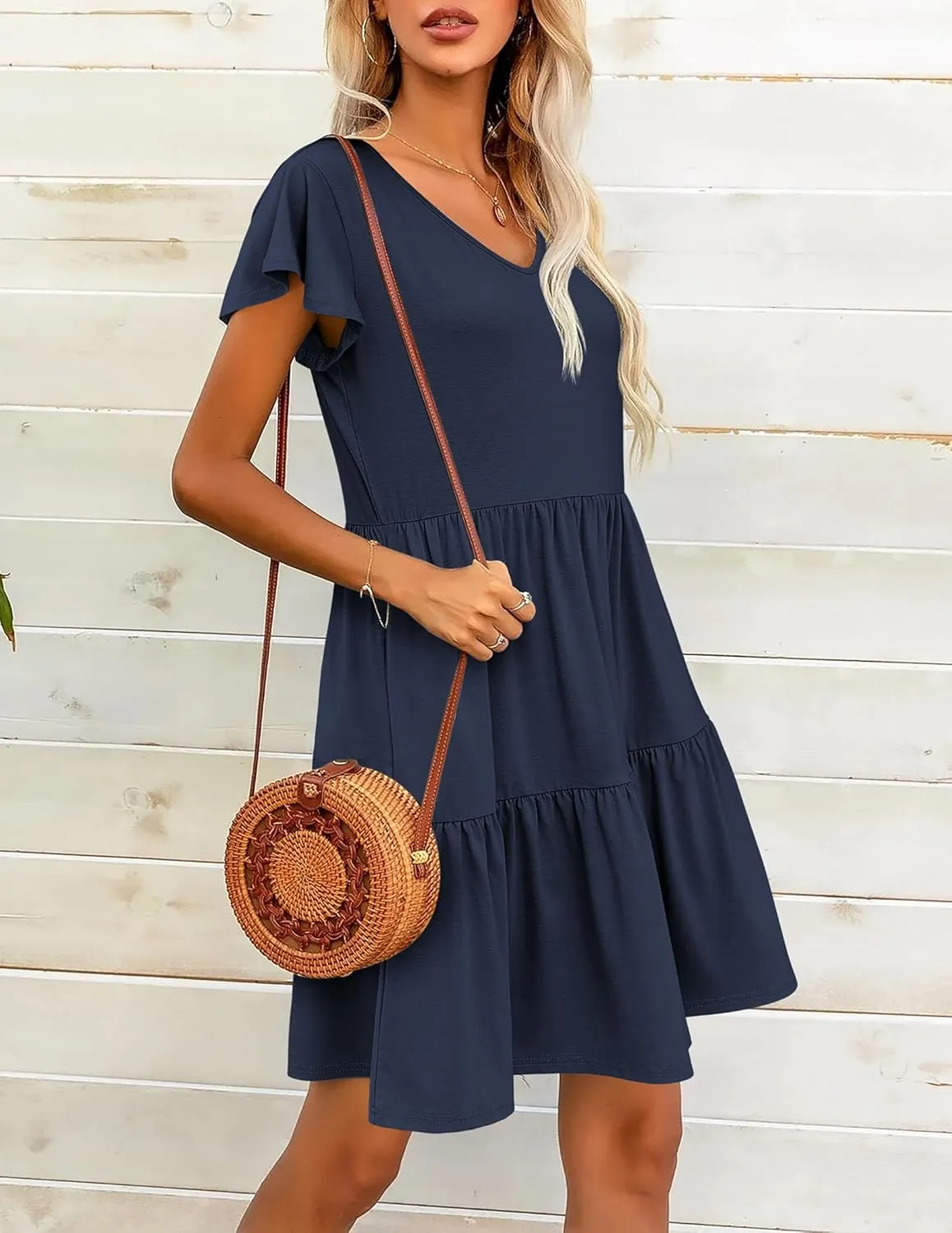 HOTOUCH Women's Casual Tiered Dress with Pockets V Neck Ruffle Dress Cap Sleeve Swing Mini Dress A-Line Dresses