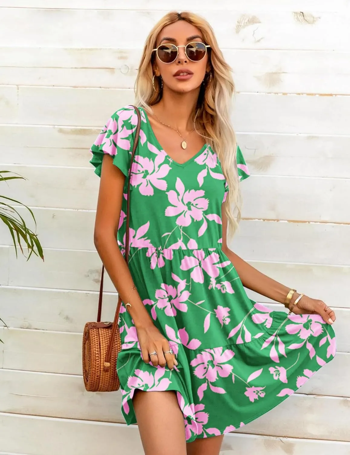 HOTOUCH Women's Casual Tiered Dress with Pockets V Neck Ruffle Dress Cap Sleeve Swing Mini Dress A-Line Dresses